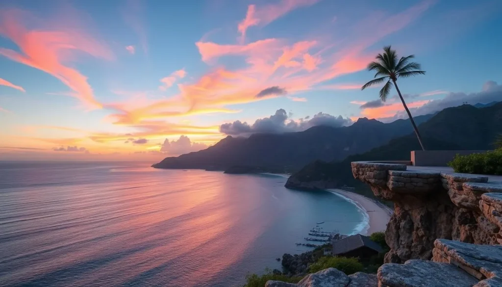 Generate an image of Two Lovers Point with Tumon Bay in the background.