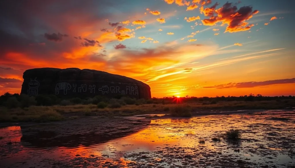 Generate an image of Ubirr Rock Art at sunset with vibrant colors reflecting on the floodplains.