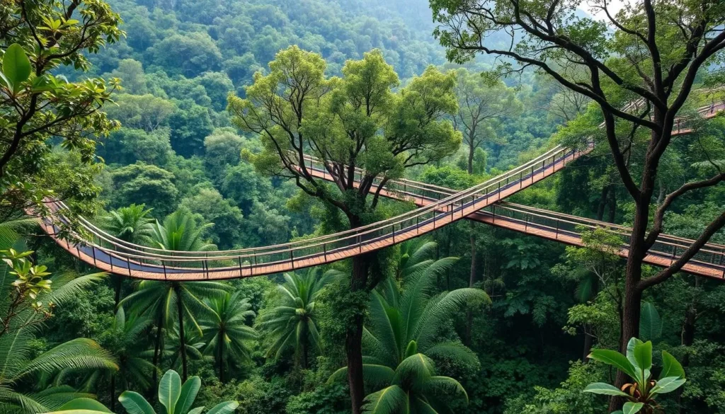 Generate an image of Ulu Temburong National Park's lush rainforest with a canopy walkway.