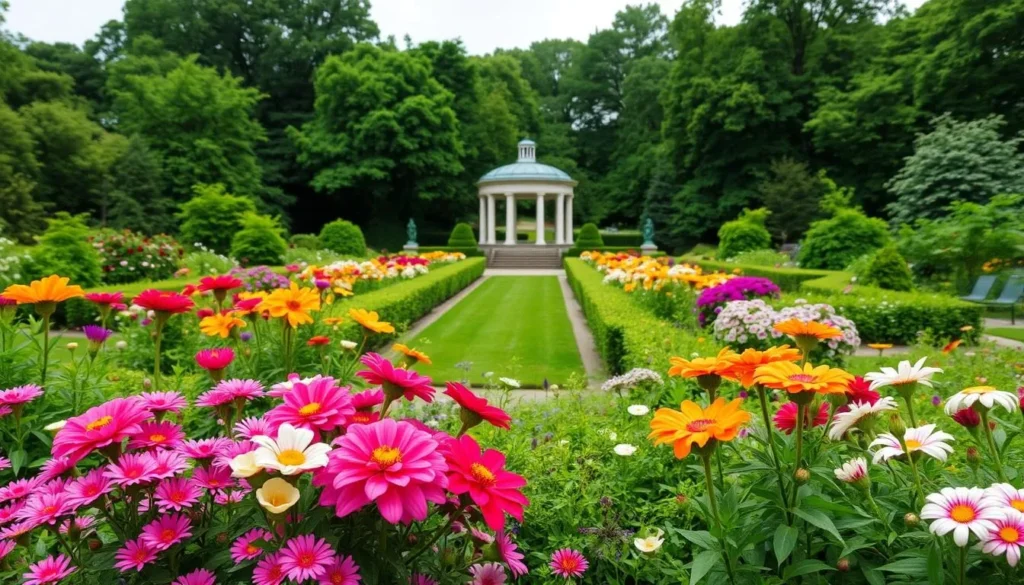 Generate an image of Untermyer Gardens with blooming flowers and lush greenery.