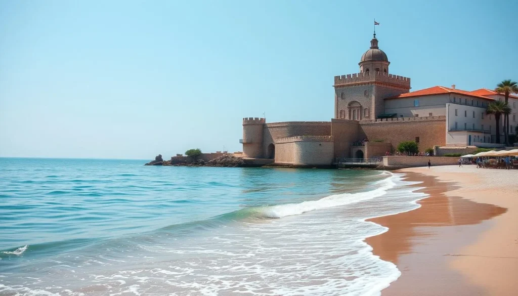 Generate an image of Valtos Beach with the Venetian Castle in the background. Generate an image of Valtos Beach with the Venetian Castle in the background.