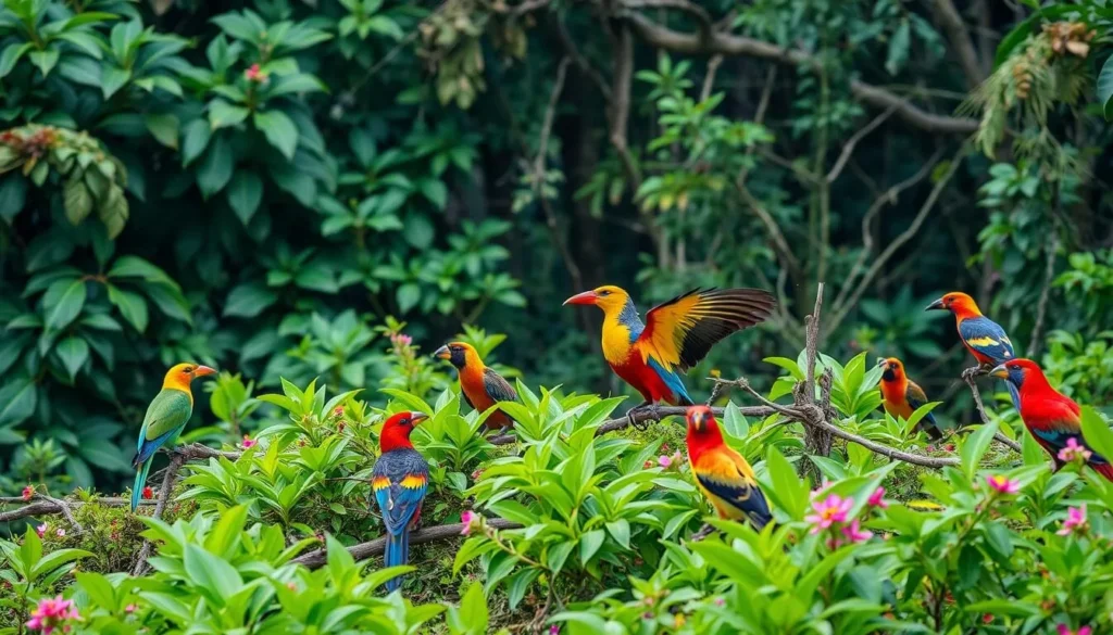 Generate an image of Varirata National Park with diverse bird species and lush greenery.