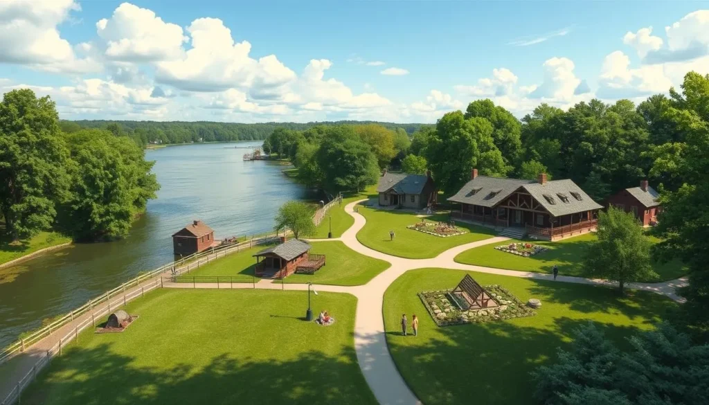 Generate an image of Vermilionville Living History Museum's scenic grounds along the Vermilion River.