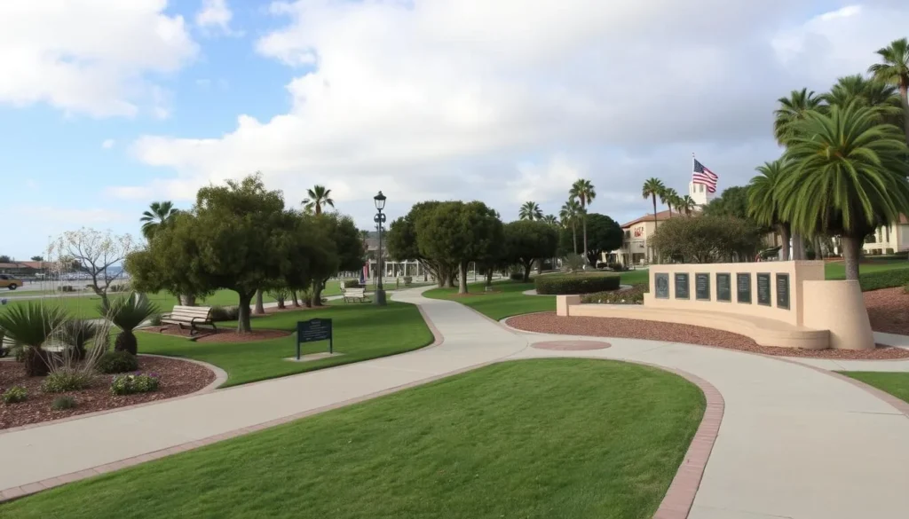 Generate an image of Veterans Park in Redondo Beach, featuring a serene landscape with walking paths and memorial elements.