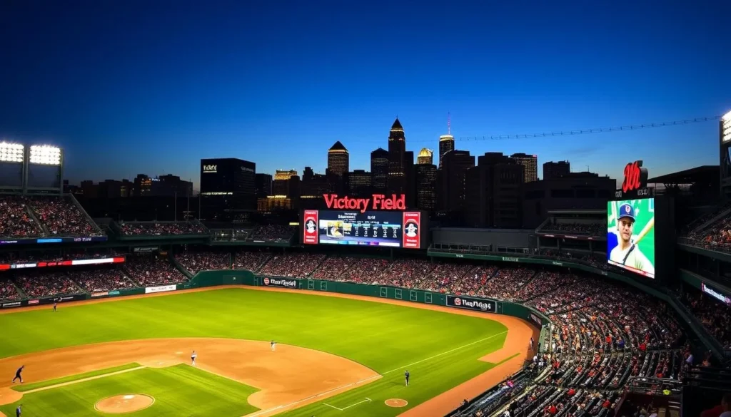 Generate an image of Victory Field during a baseball game with the Indianapolis skyline in the background.