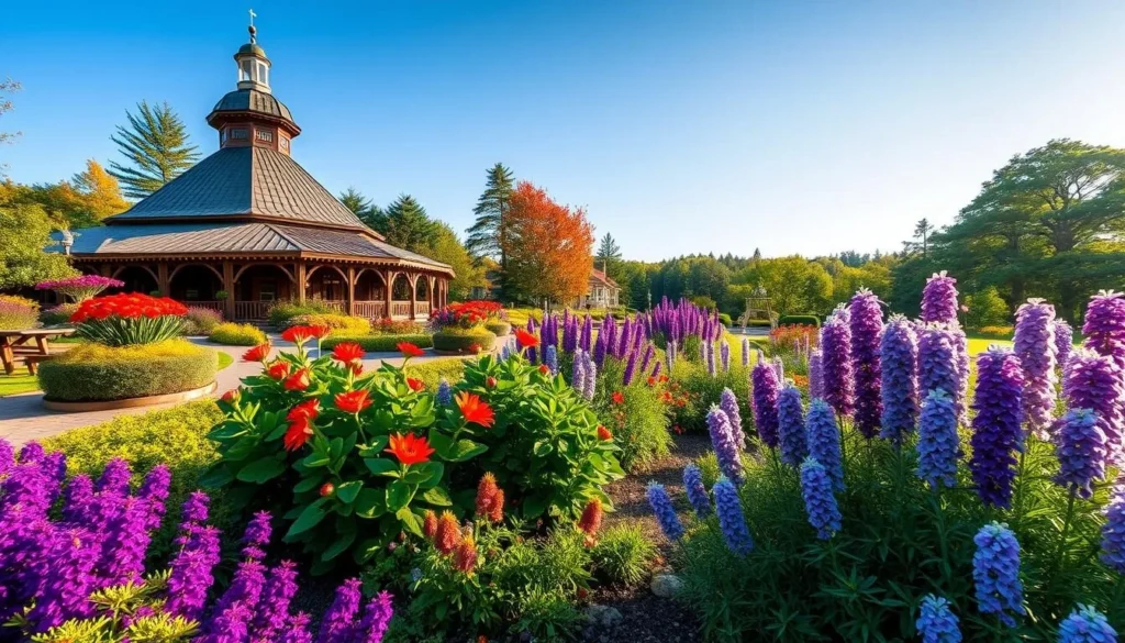 Generate an image of Viles Arboretum in Augusta, Maine, showcasing its beautiful gardens and walking trails.