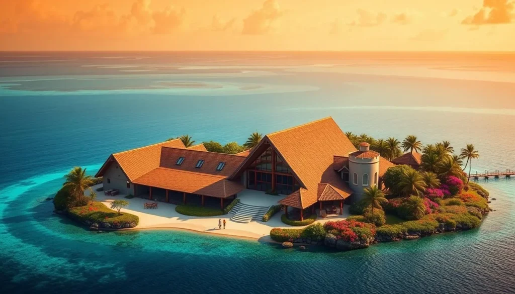 Generate an image of Vin de Tahiti winery in Rangiroa, showcasing its unique architecture amidst the coral atoll landscape.