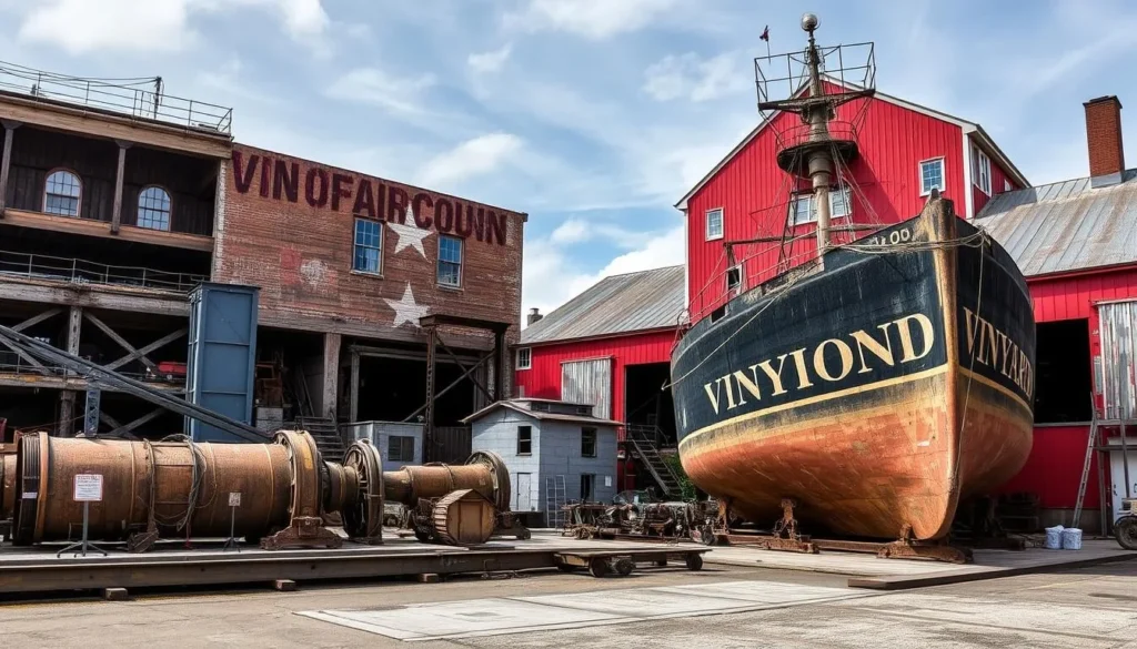 Generate an image of Vinyard Shipyard in Milford, Delaware, showcasing its historic shipbuilding equipment and renovated warehouses.