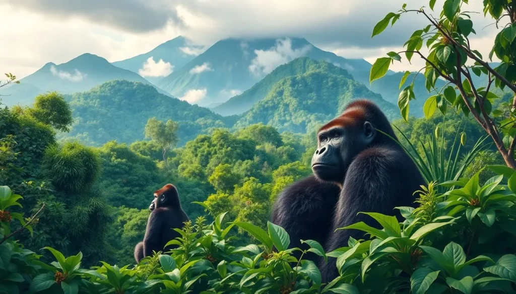 Generate an image of Virunga National Park's lush landscape with mountain gorillas in the foreground.