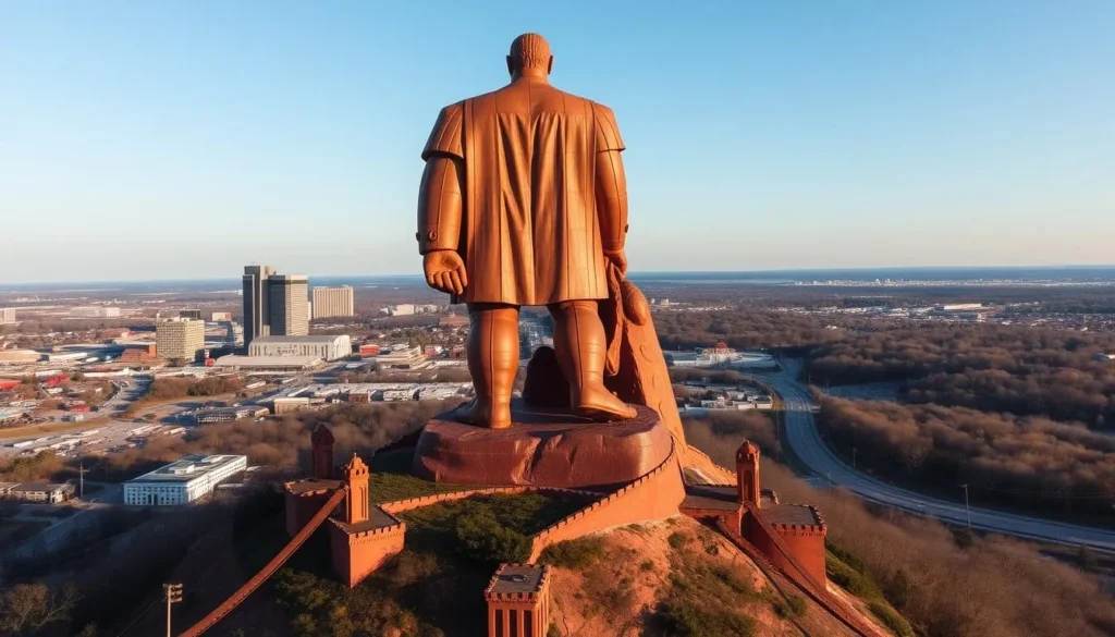 Generate an image of Vulcan, the world's largest cast-iron statue, standing tall atop Red Mountain with Birmingham's skyline in the background.