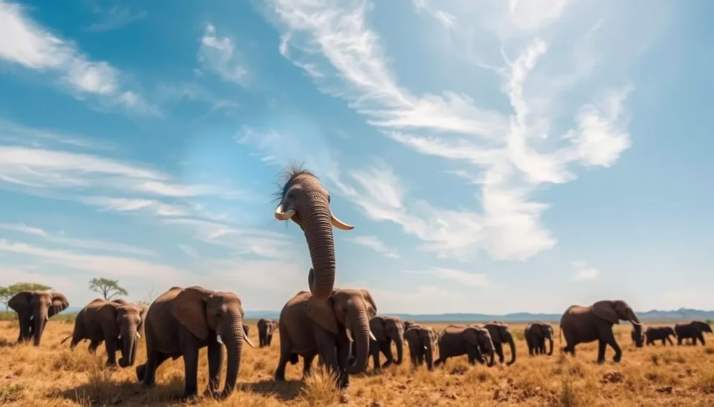 Generate an image of W National Park's savanna with African elephants roaming freely. Generate an image of W National Park's savanna with African elephants roaming freely.