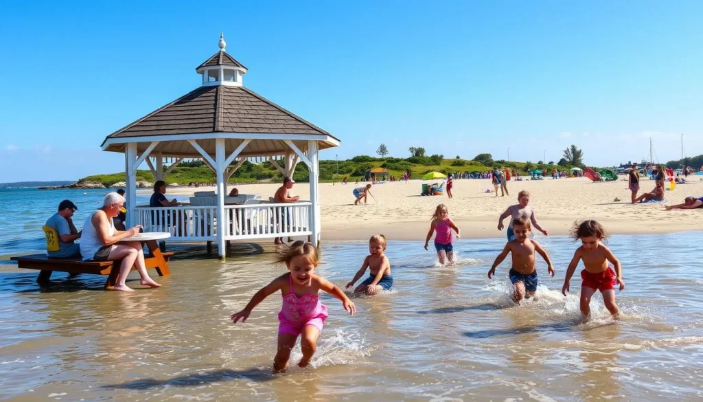 Generate an image of Wade's Beach with children playing in the shallow waters and families picnicking under the gazebo.