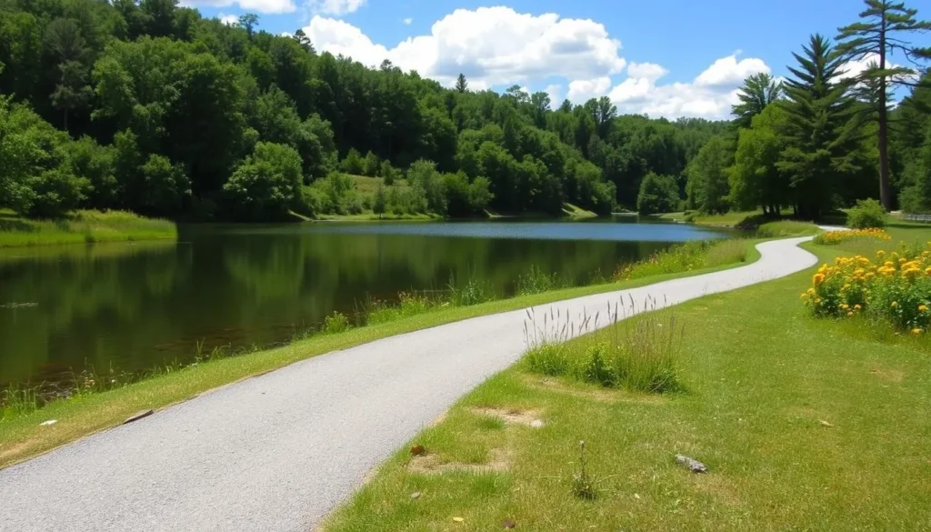 Generate an image of Walden Pond with a serene lake surrounded by lush greenery and a walking path.