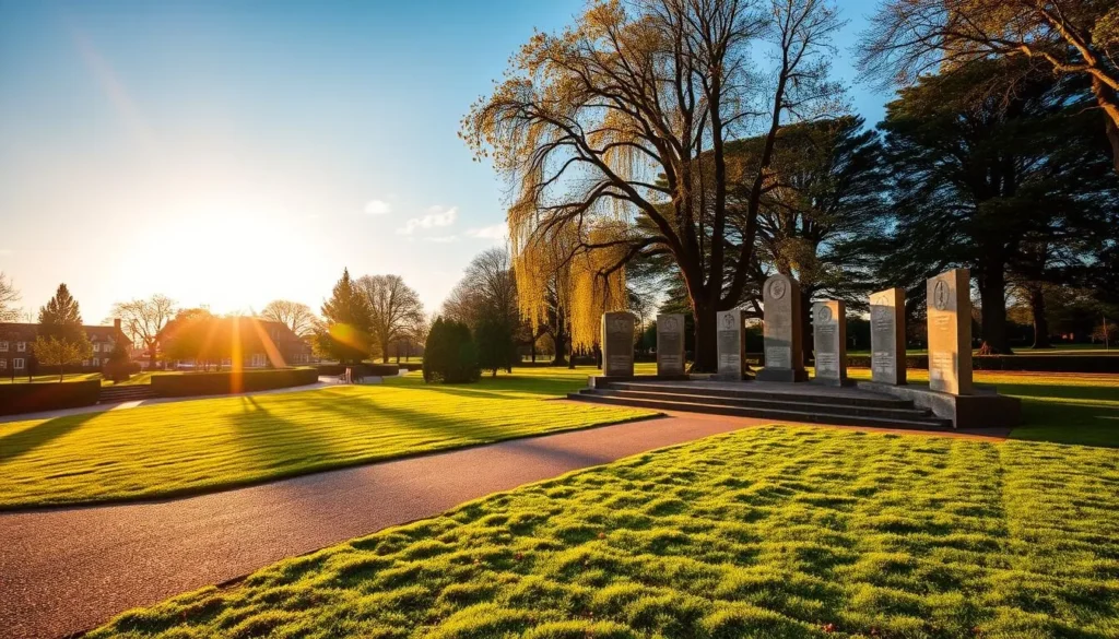 Generate an image of War Memorial Park in Coventry, showcasing its serene landscapes and memorial features.