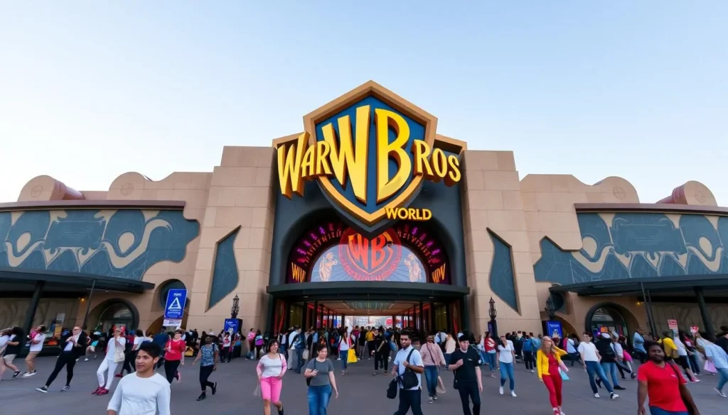 Generate an image of Warner Bros World Abu Dhabi's main entrance, showcasing its grand architecture and lively atmosphere.