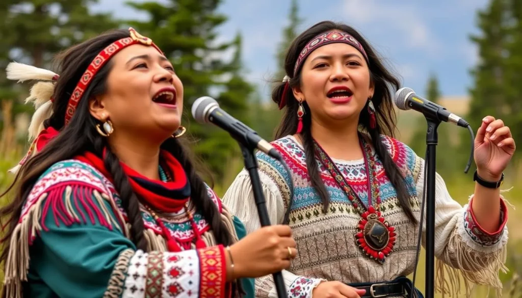 Generate an image of Warrior Women, Matricia and Mackenzie Brown, performing a traditional Cree song.