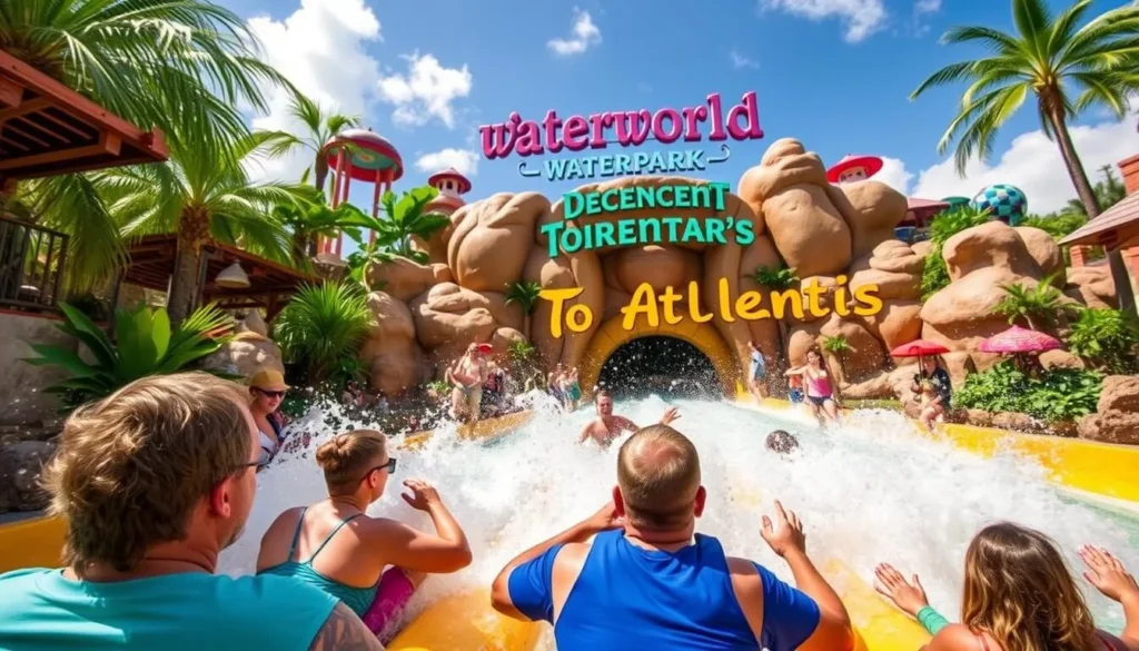 Generate an image of Waterworld Waterpark's main attraction, Descent to Atlantis, with visitors enjoying the thrilling water ride. Generate an image of Waterworld Waterpark's main attraction, Descent to Atlantis, with visitors enjoying the thrilling water ride.
