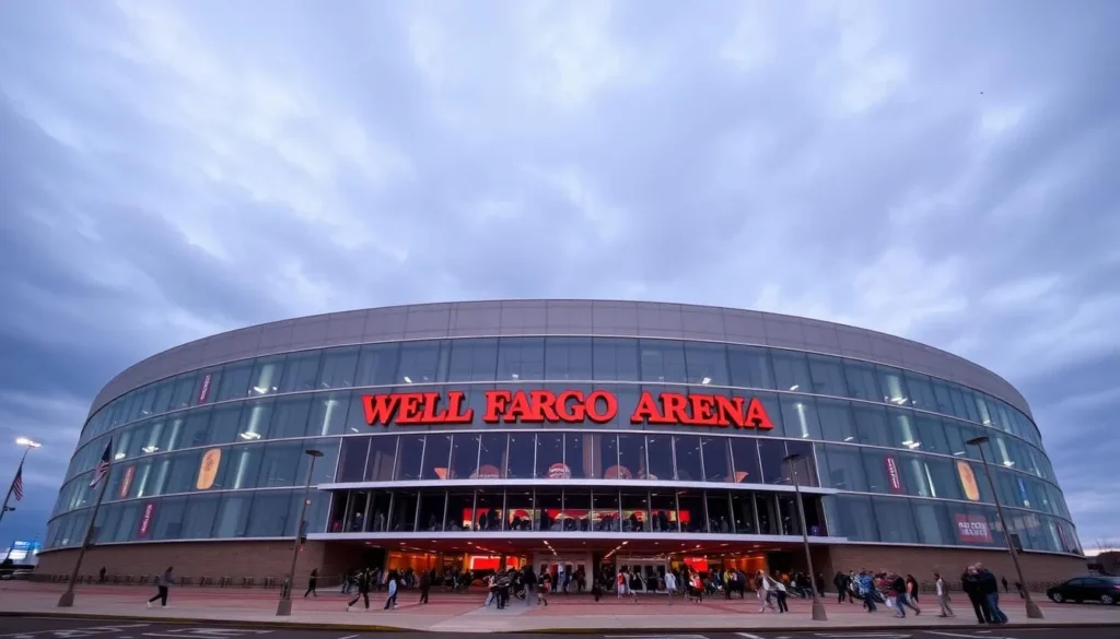 Generate an image of Wells Fargo Arena in Des Moines, Iowa, showcasing its exterior or a notable event.