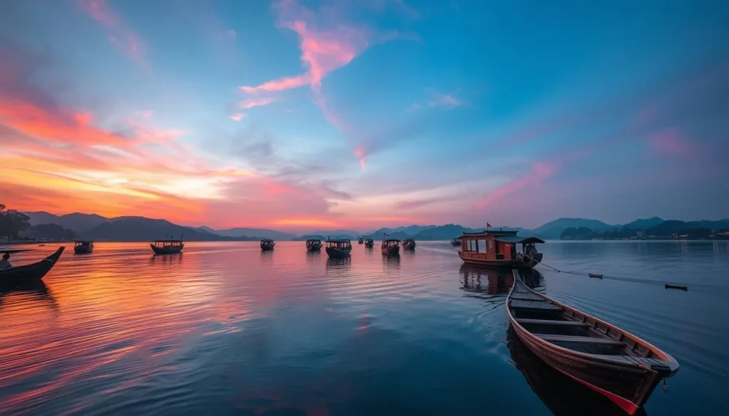 Generate an image of West Lake at sunset with traditional Chinese boats.
