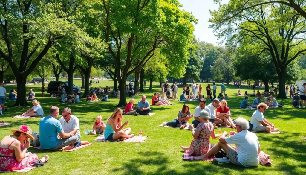 Generate an image of West Park or Inlow Park with families enjoying picnic and outdoor activities.