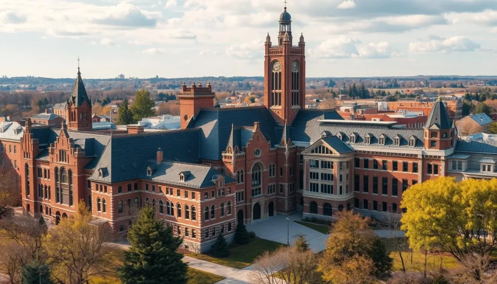 Generate an image of Western Michigan University's campus, highlighting its mix of historic and modern buildings.