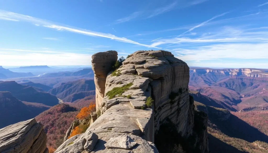 Generate an image of Whitaker Point (Hawksbill Crag) with a dramatic rock outcropping and panoramic views.