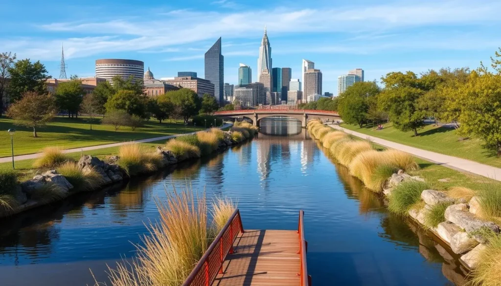 Generate an image of White River State Park's canal walk with the Indianapolis skyline in the background.