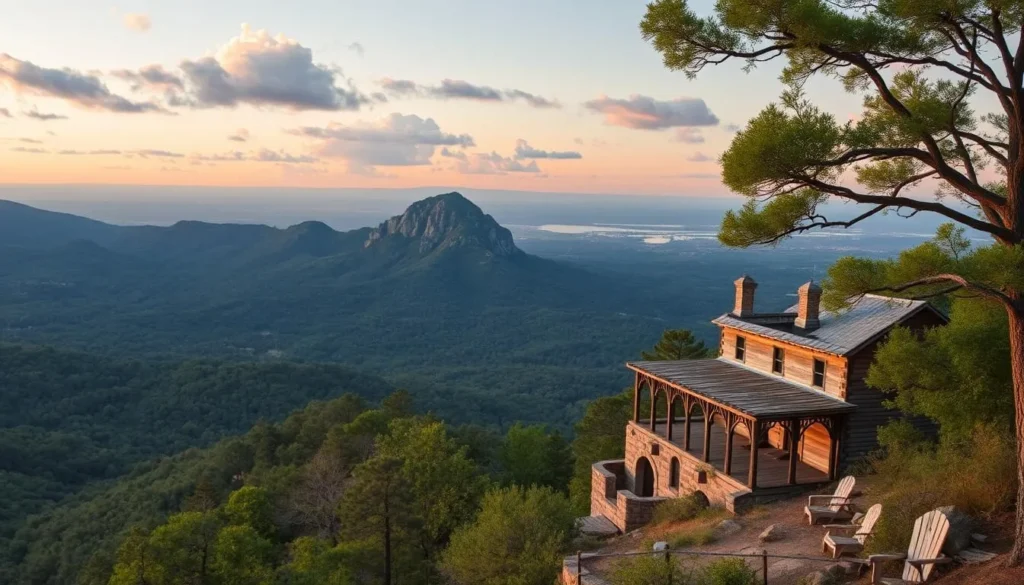 Generate an image of White Rock Mountain Recreation Area with historic structures and scenic views.