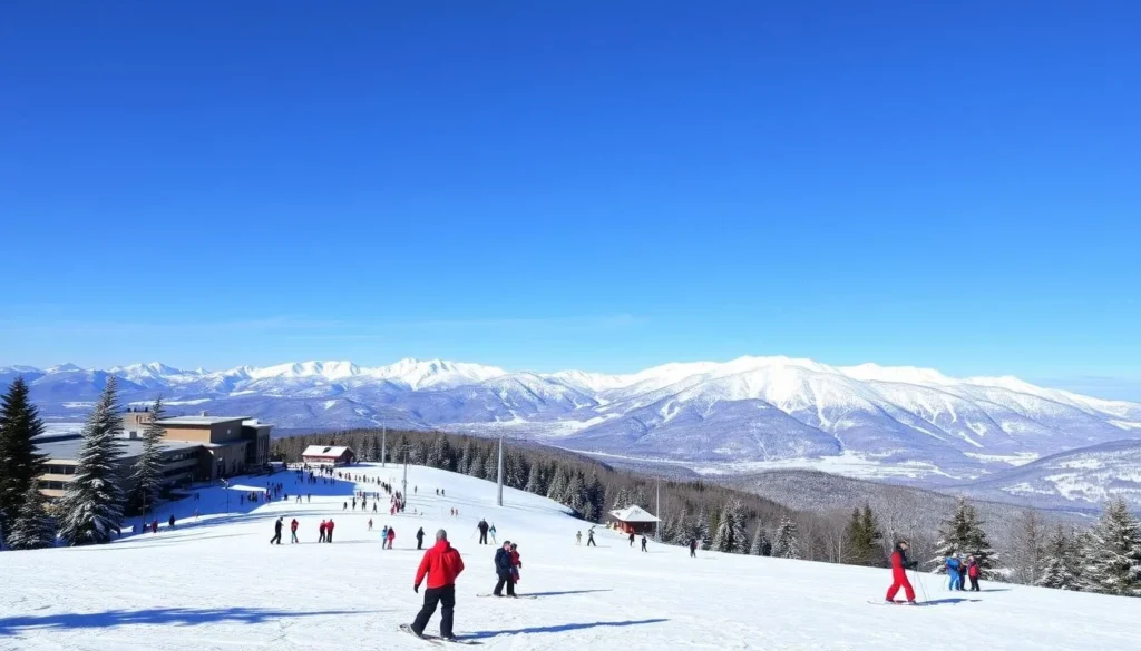 Generate an image of Whiteface Mountain ski resort with snow-covered slopes and people skiing.