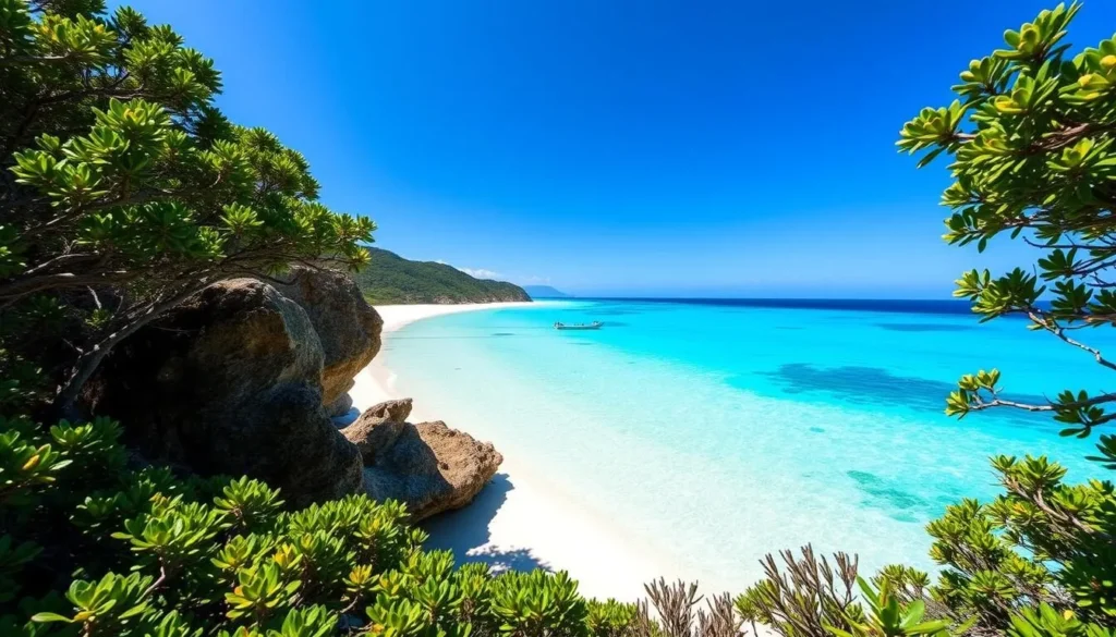 Generate an image of Whitehaven Beach with its pristine white sands and turquoise waters.