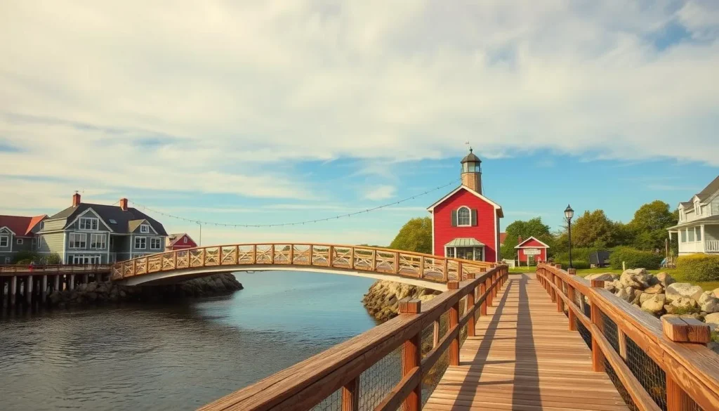 Generate an image of Wiggly Bridge and the scenic Fisherman's Walk in York, Maine, highlighting its unique charm.
