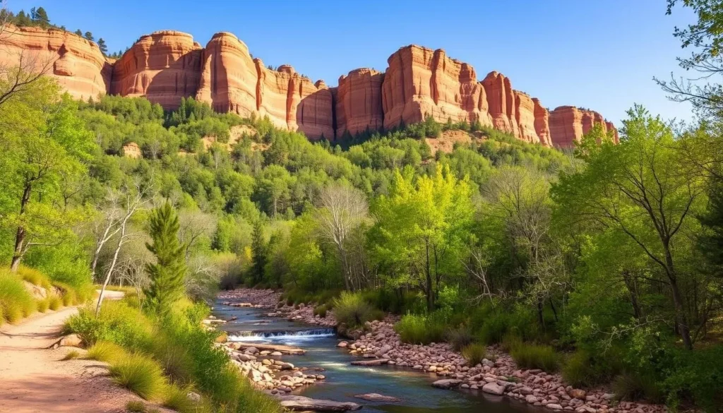 Generate an image of Wildcat Den State Park's scenic hiking trails with sandstone bluffs and Pine Creek.