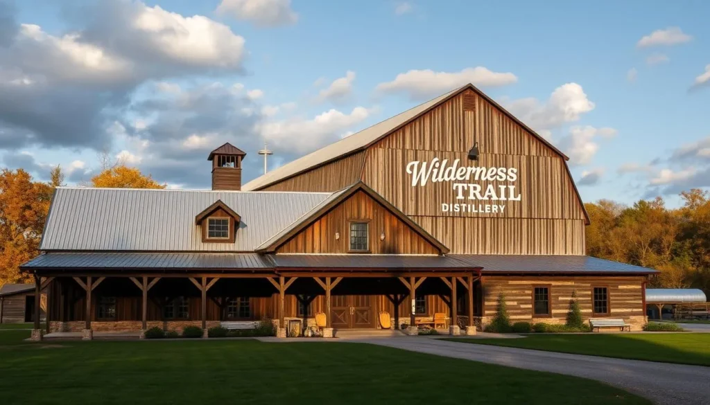 Generate an image of Wilderness Trail Distillery's main building with a bourbon barrel warehouse in the background.