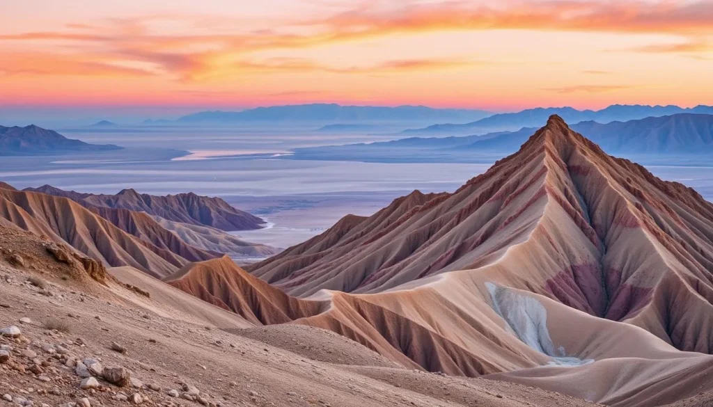 Generate an image of Wildrose Peak in Death Valley National Park, showcasing its rugged terrain and panoramic views.