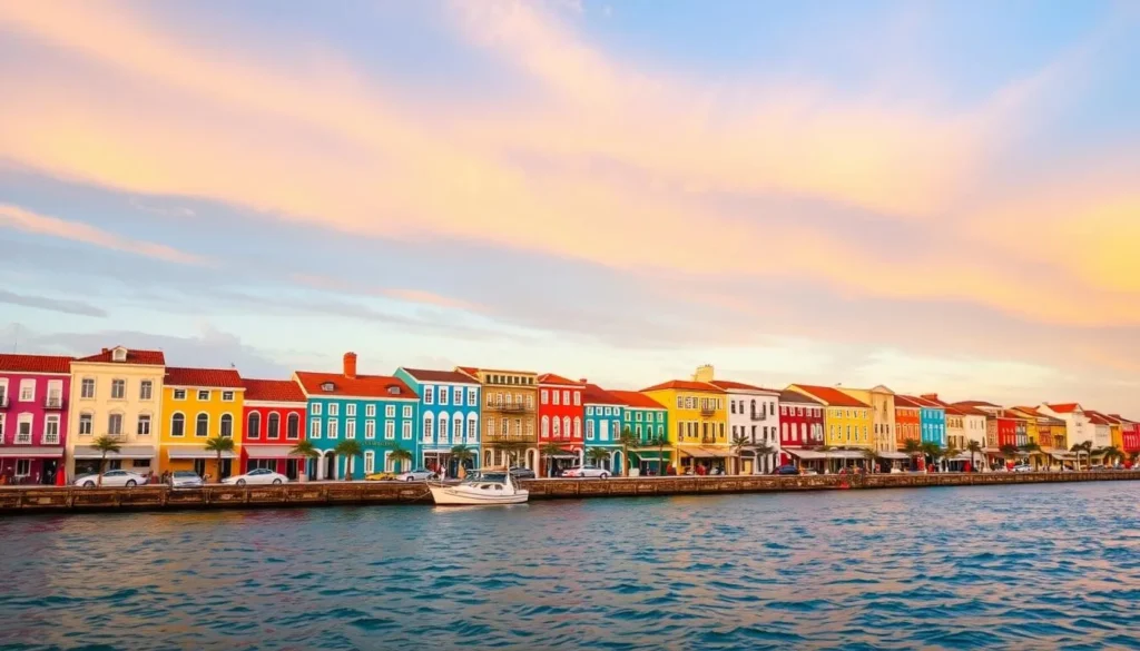 Generate an image of Willemstad's waterfront with its iconic colorful buildings.