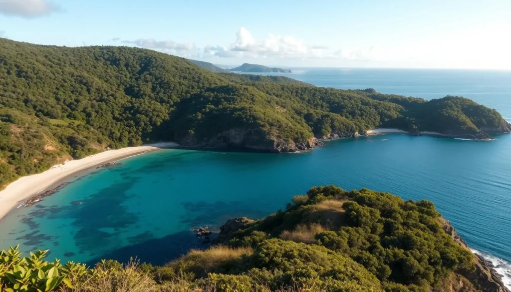 Generate an image of Winding Bay with its expansive shoreline and natural vegetation.
