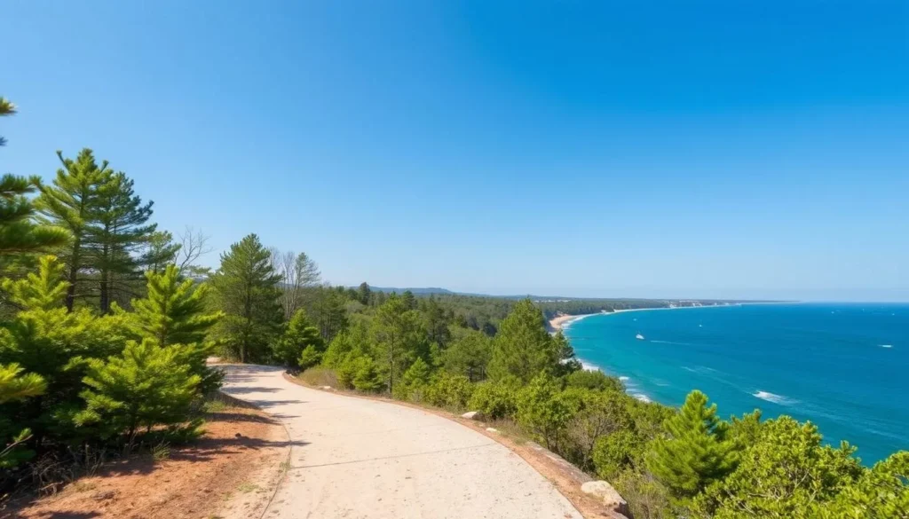Generate an image of Wolfe's Neck Woods State Park with a trail winding through pine forests and along the coastline.