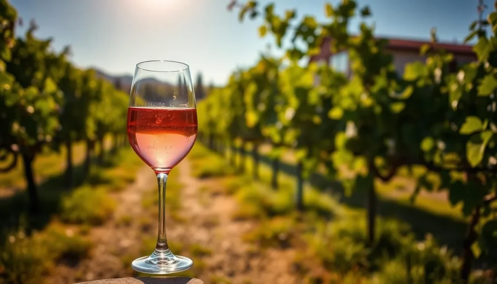 Generate an image of Wölffer Estate Vineyard's vineyard grounds with a glass of rosé wine.