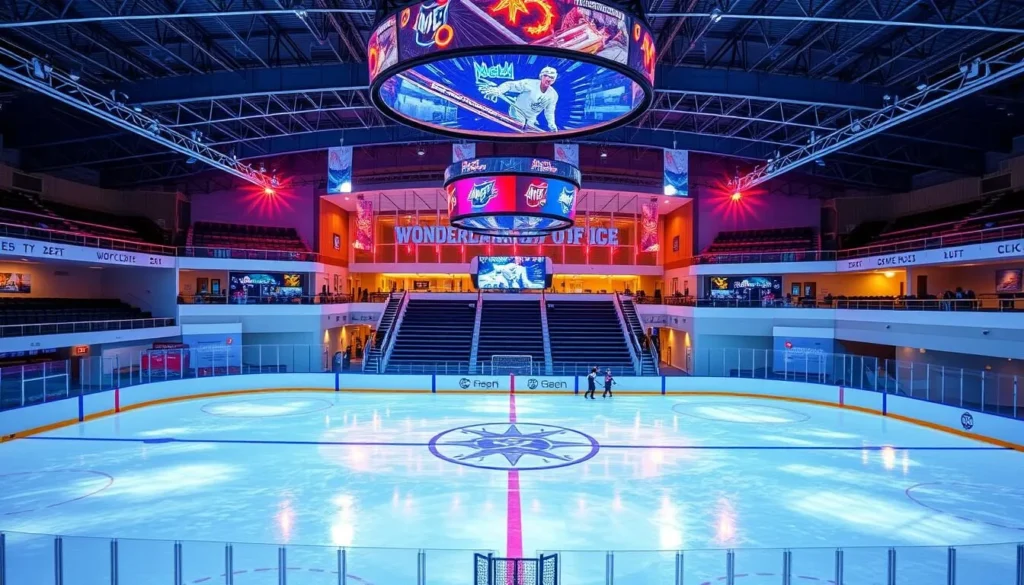 Generate an image of Wonderland of Ice in Bridgeport, CT, showcasing its NHL-size ice rink and modern facilities.
