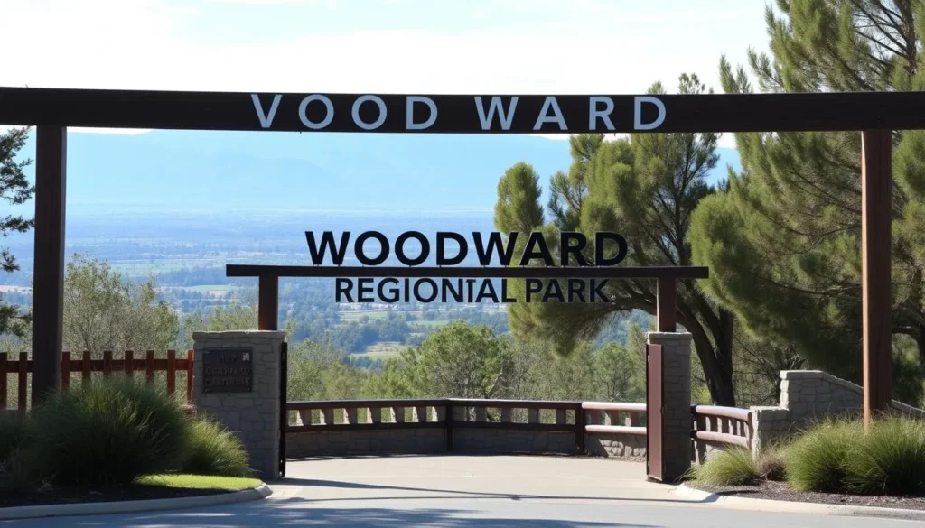 Generate an image of Woodward Regional Park's entrance with a scenic background.