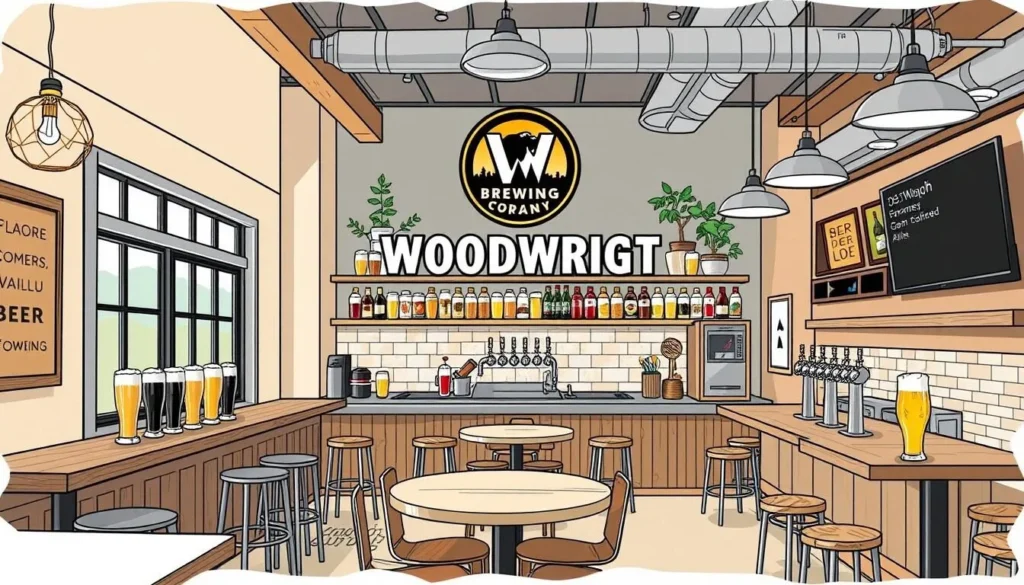 Generate an image of Woodwright Brewing Company's taproom with a selection of their craft beers on tap.