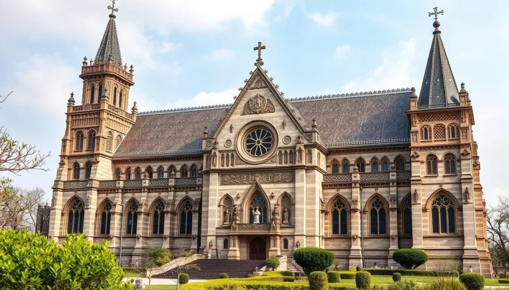 Generate an image of Xiaonan Catholic Church with its Gothic spires and intricate stone carvings.