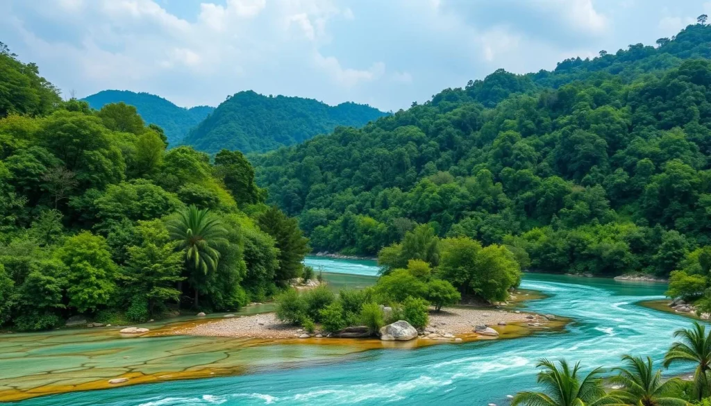 Generate an image of Xiaozhaizigou's crystal-clear rivers and dense forests.