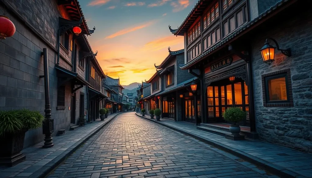 Generate an image of Xingping Ancient Town's cobblestone streets at dusk, with traditional Chinese architecture.