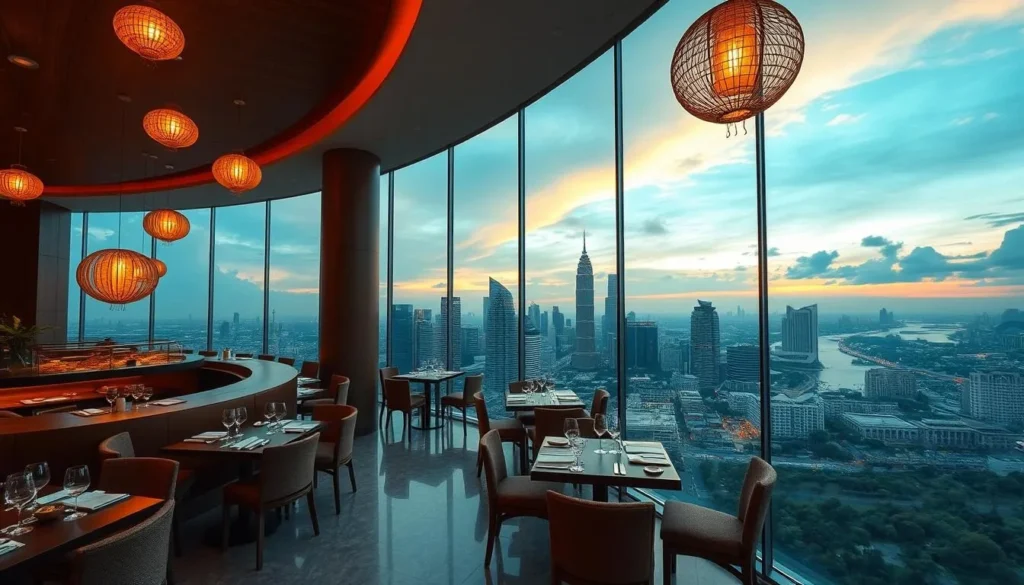 Generate an image of Yan restaurant at National Gallery Singapore, highlighting its panoramic views of the city skyline.