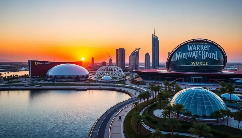 Generate an image of Yas Island's vibrant skyline with Ferrari World, Yas Waterworld, and Warner Bros. World in the foreground.