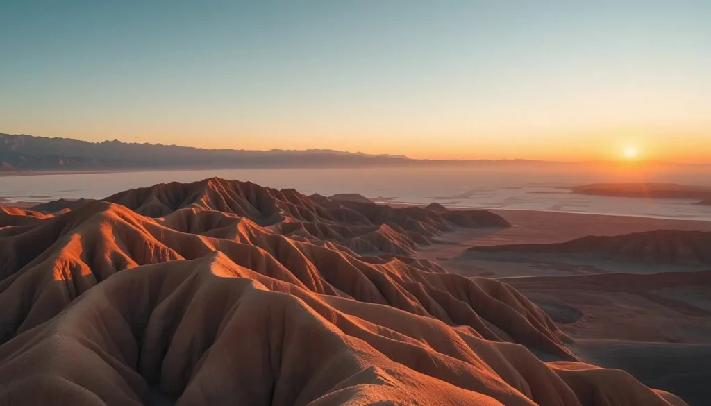 Generate an image of Zabriskie Point at sunrise with the golden badlands and salt flats in the distance.