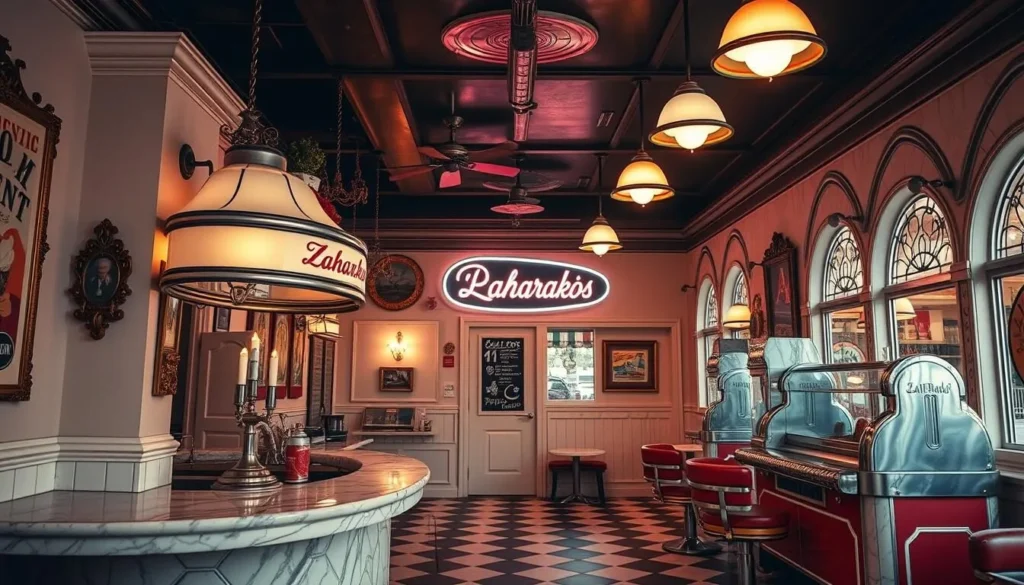 Generate an image of Zaharakos Ice Cream Parlor's interior, showcasing its vintage decor and marble soda fountain.