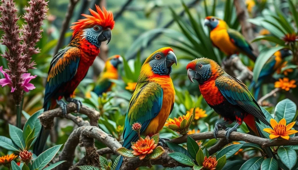 Generate an image of Zealandia's eco-sanctuary with native New Zealand birds and flora.