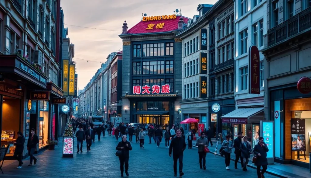 Generate an image of Zhongyang Street in Harbin, showcasing its European-style architecture and bustling atmosphere. Generate an image of Zhongyang Street in Harbin, showcasing its European-style architecture and bustling atmosphere.
